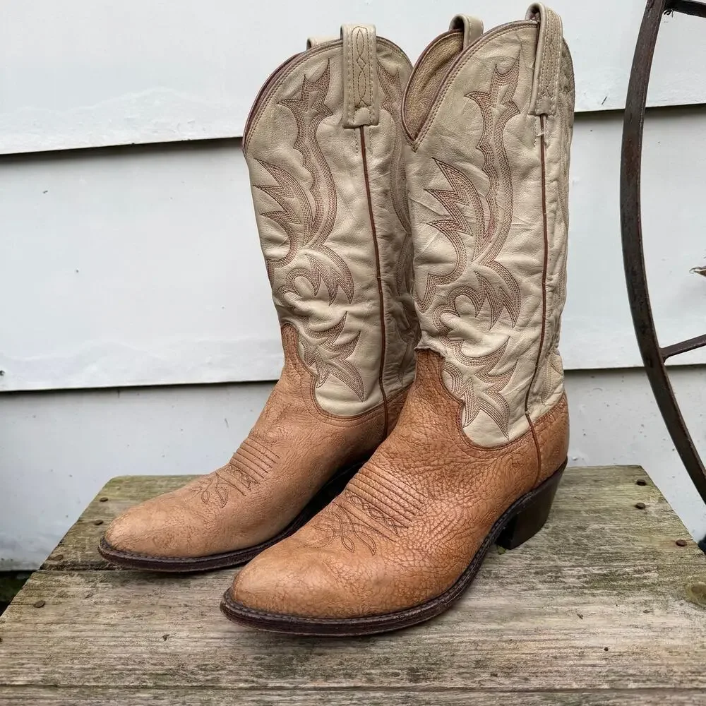 90s Dan Post 8 1/2D Shrunken Sanded Bull Shoulder Giraffe Stripe Cowboy Boots